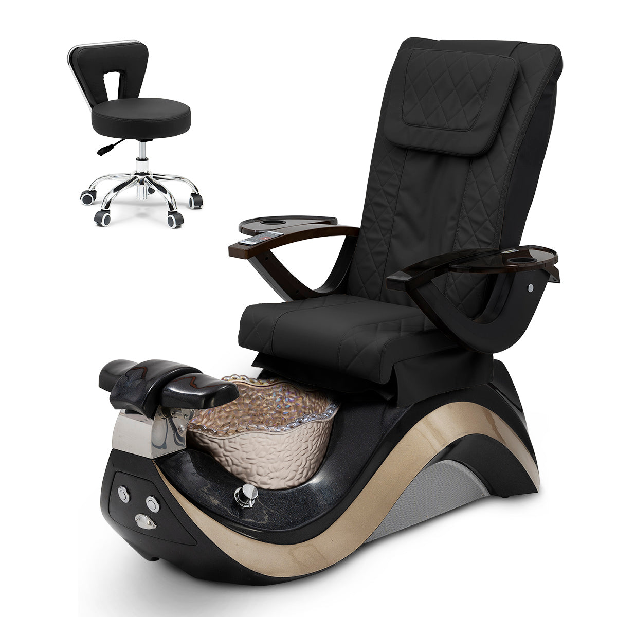 Robin Pedicure Spa Chair Complete Set with Pedi Stool - Black Base - Gold Bowl - Diamond Leather