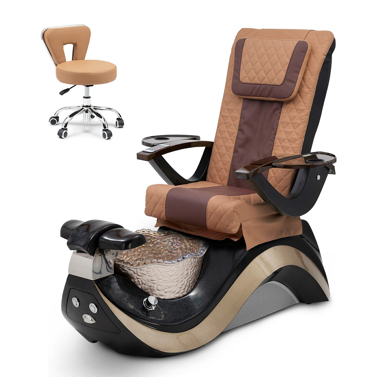 Robin Pedicure Spa Chair Complete Set with Pedi Stool - Black Base - Gold Bowl - Diamond Leather