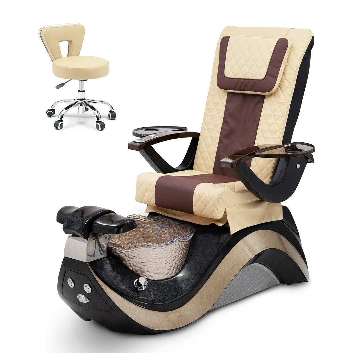 Robin Pedicure Spa Chair Complete Set with Pedi Stool - Black Base - Gold Bowl - Diamond Leather