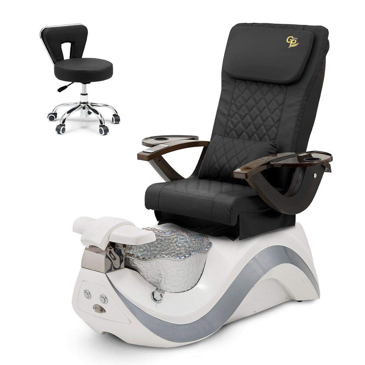 Robin Pedicure Spa Chair Complete Set with Pedi Stool - White Base - Silver Bowl - C01 Leather