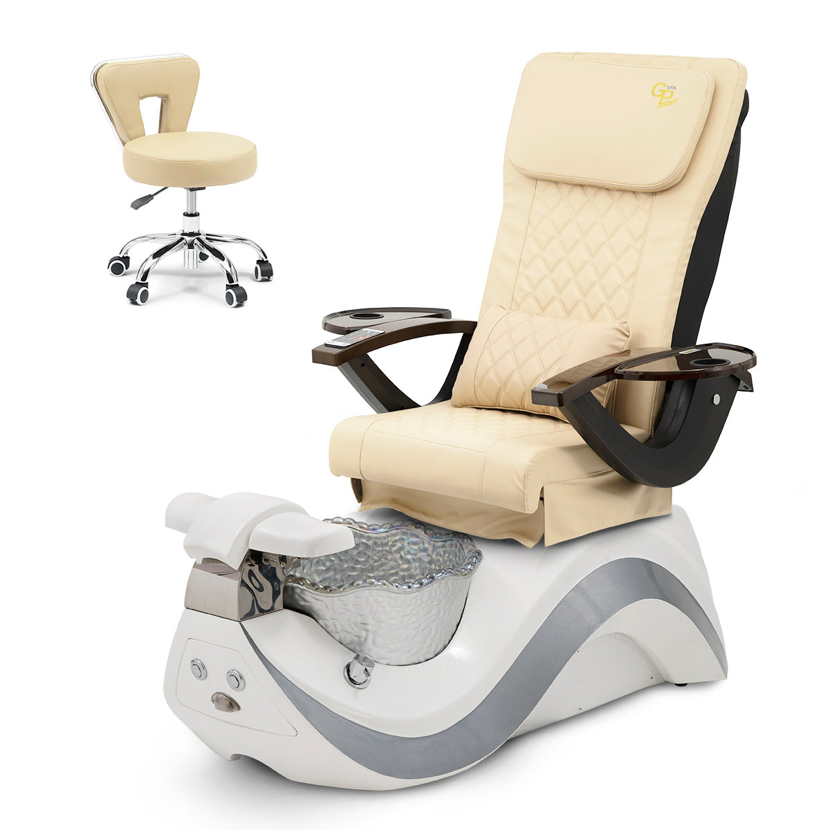 Robin Pedicure Spa Chair Complete Set with Pedi Stool - White Base - Silver Bowl - C01 Leather