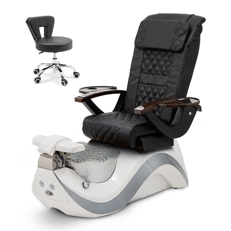 Robin Pedicure Spa Chair Complete Set with Pedi Stool - White Base - Silver Bowl - Carbon Fiber