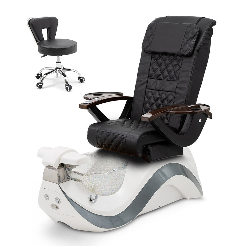 Robin Pedicure Spa Chair Complete Set with Pedi Stool - White Gray Base - Clear Bowl - Carbon Fiber