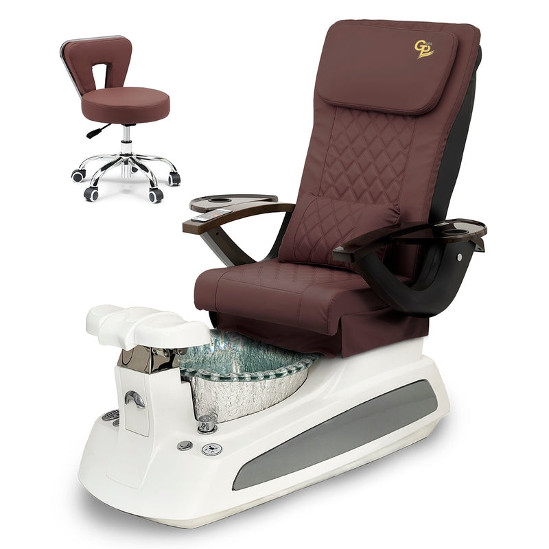 BM21 Pedicure Spa Chair Complete Set with Pedi Stool - White Base - Silver Bowl - C01 Leather