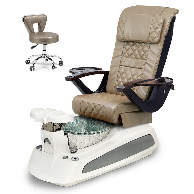 BM21 Pedicure Spa Chair Complete Set with Pedi Stool - White Base - Silver Bowl - Carbon Fiber