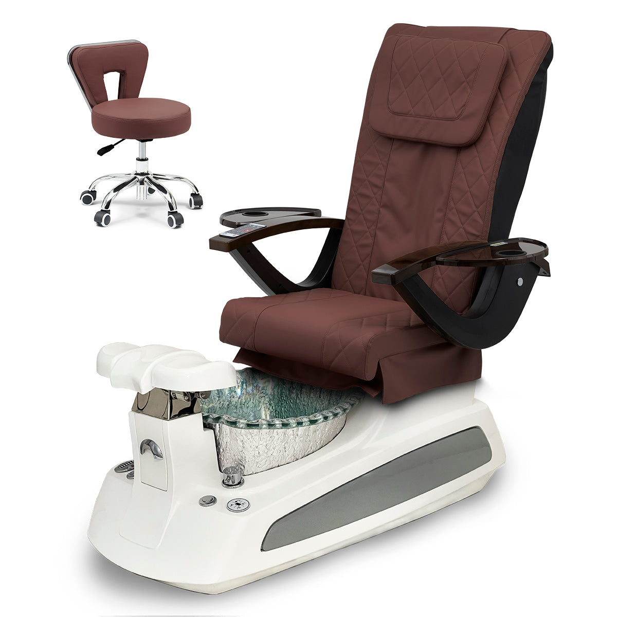 BM21 Pedicure Spa Chair Complete Set with Pedi Stool - White Base - Silver Bowl - Diamond Leather