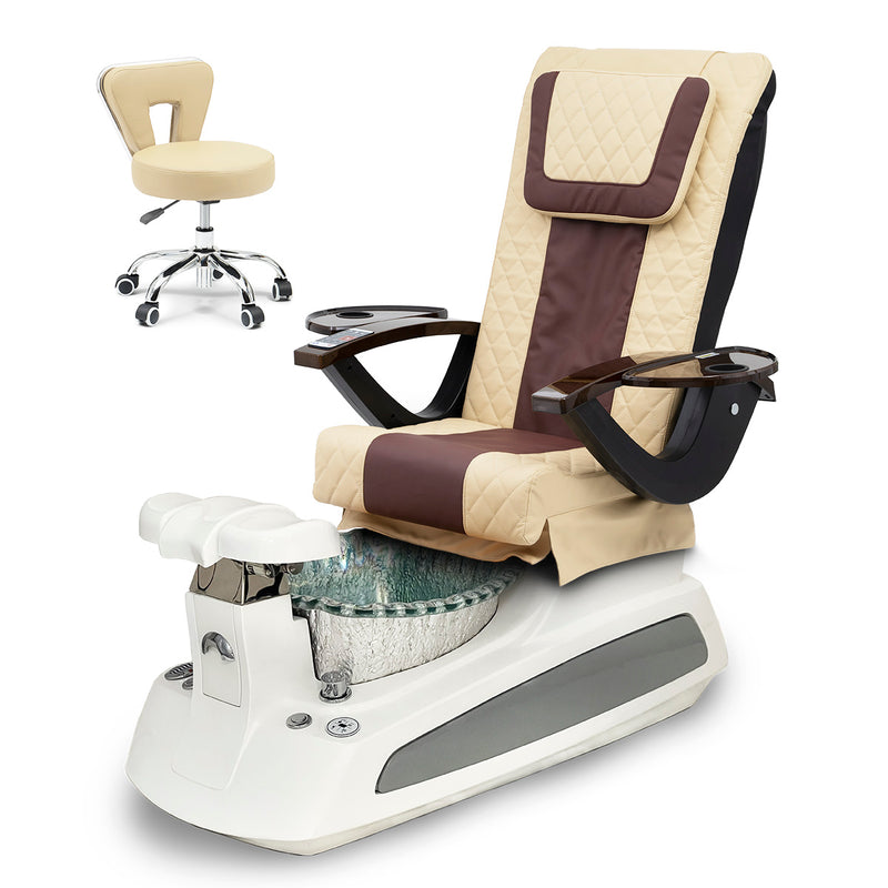 BM21 Pedicure Spa Chair Complete Set with Pedi Stool - White Base - Silver Bowl - Diamond Leather