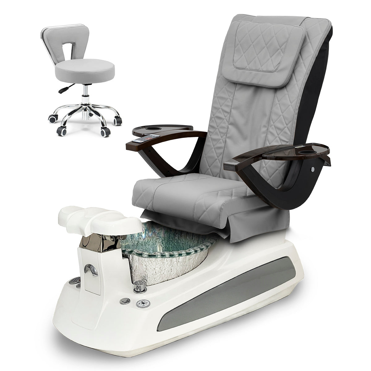 BM21 Pedicure Spa Chair Complete Set with Pedi Stool - White Base - Silver Bowl - Diamond Leather