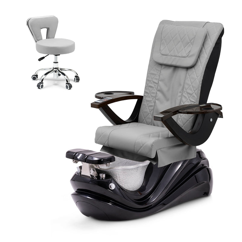 Lotus Pedicure Spa Chair Complete Set with Pedi Stool - Black Base - Silver Resin Bowl - Diamond Leather