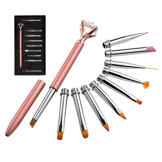 10pcs/Set Nail Art Pen Brush Metal Crystal Replace Heads Carving Cuticle Remover Flat Line Flower Drawing Painting Manicure Tool